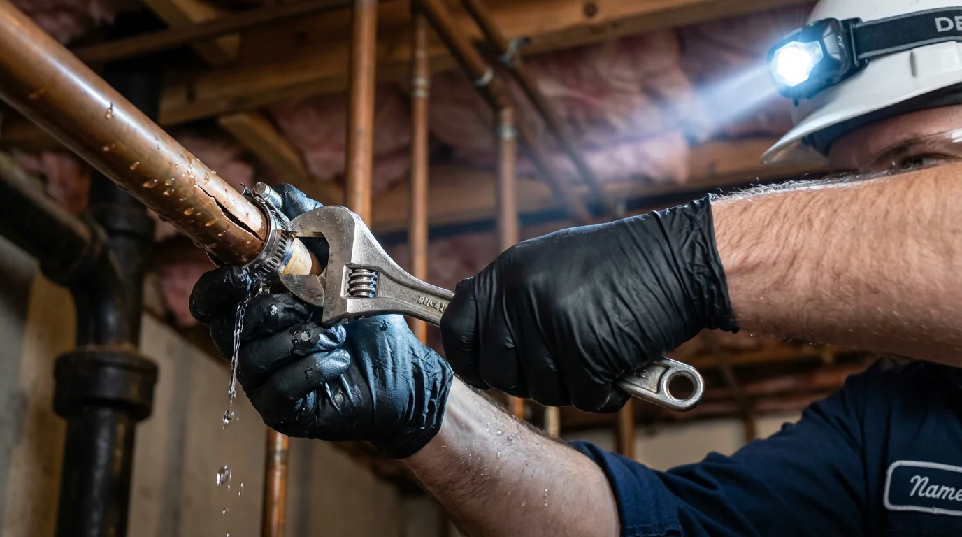 Emergency pipe clamp repair being performed by a Johns Plumbing LLC plumber in Washington