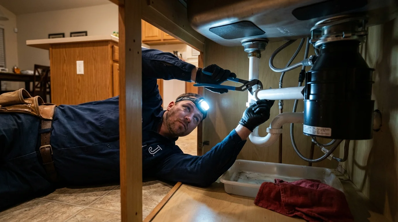 P-trap and supply line connections under a kitchen sink showing a common leak point in Washington, CT